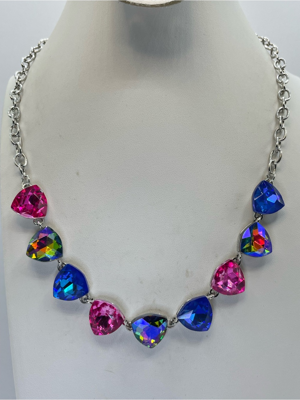 Silver Tone Blue Pink AB Crystal Teardrop Statement Necklace Rainbow Glass Bib